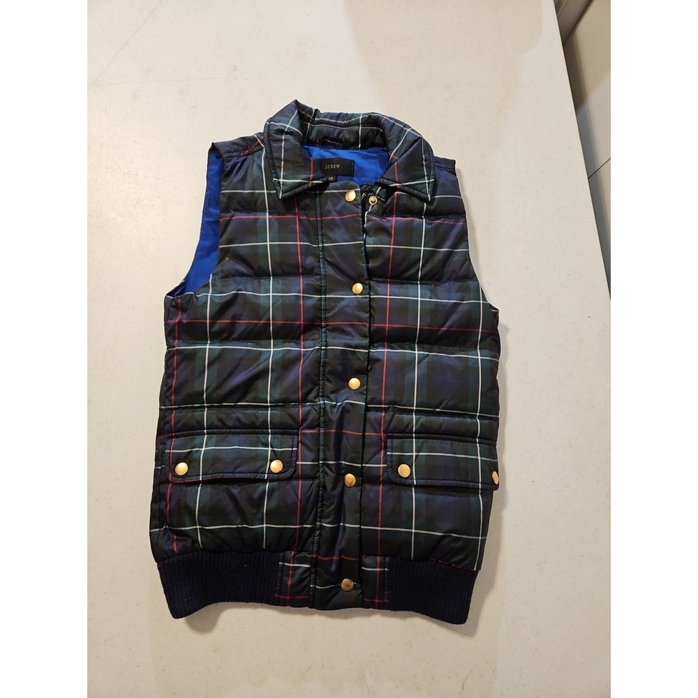J Crew Puffer Vest Plaid Grey Duck Feather Womens Size XS Full Zip/button (A1185